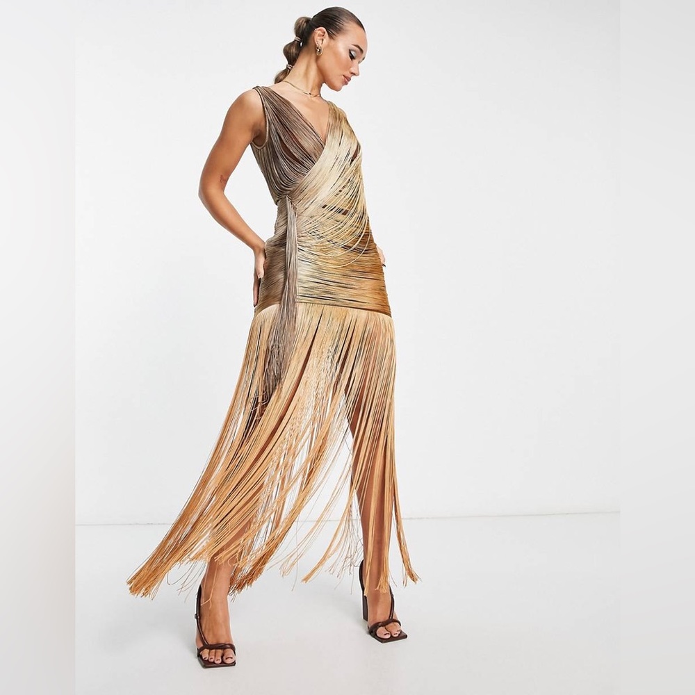 ASOS DESIGN fringe drape maxi dress with ombre in gold | US size 2